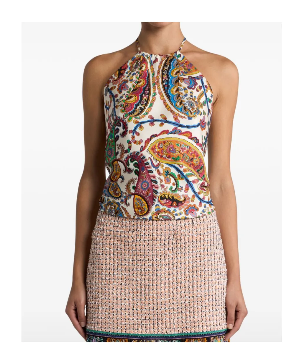 Silk Top With Halterneck And Floral Paisley Motif