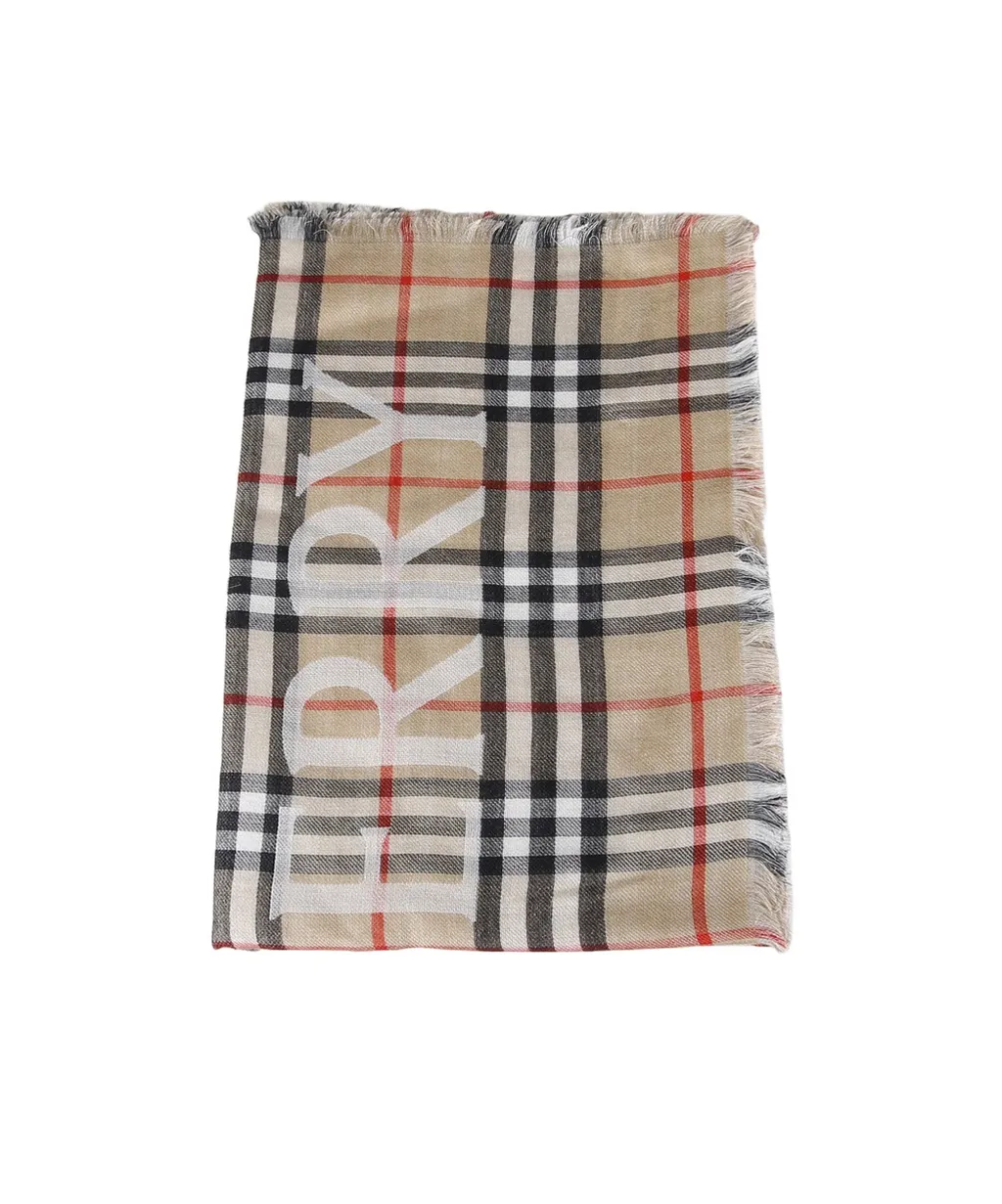 Burberry Logo Printed Checked Fringed Scarf