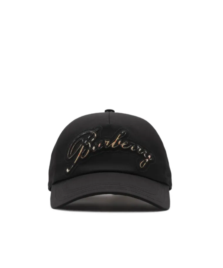 Burberry Check Cursive Logo Gabardine Baseball Cap
