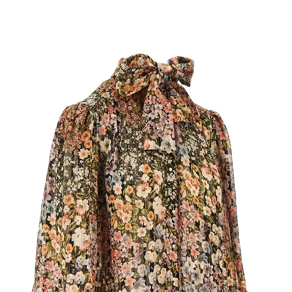 Pussy-Bow Floral-Print Shirt