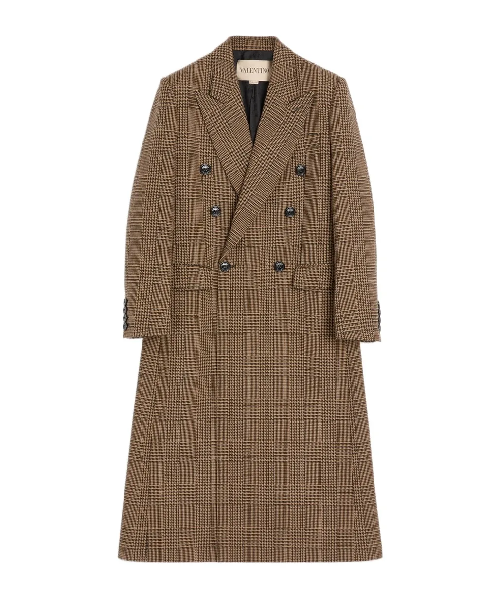 Check-Print Double-Breasted Coat
