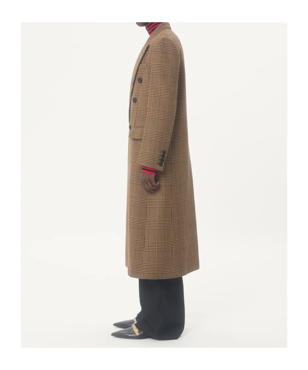 Check-Print Double-Breasted Coat