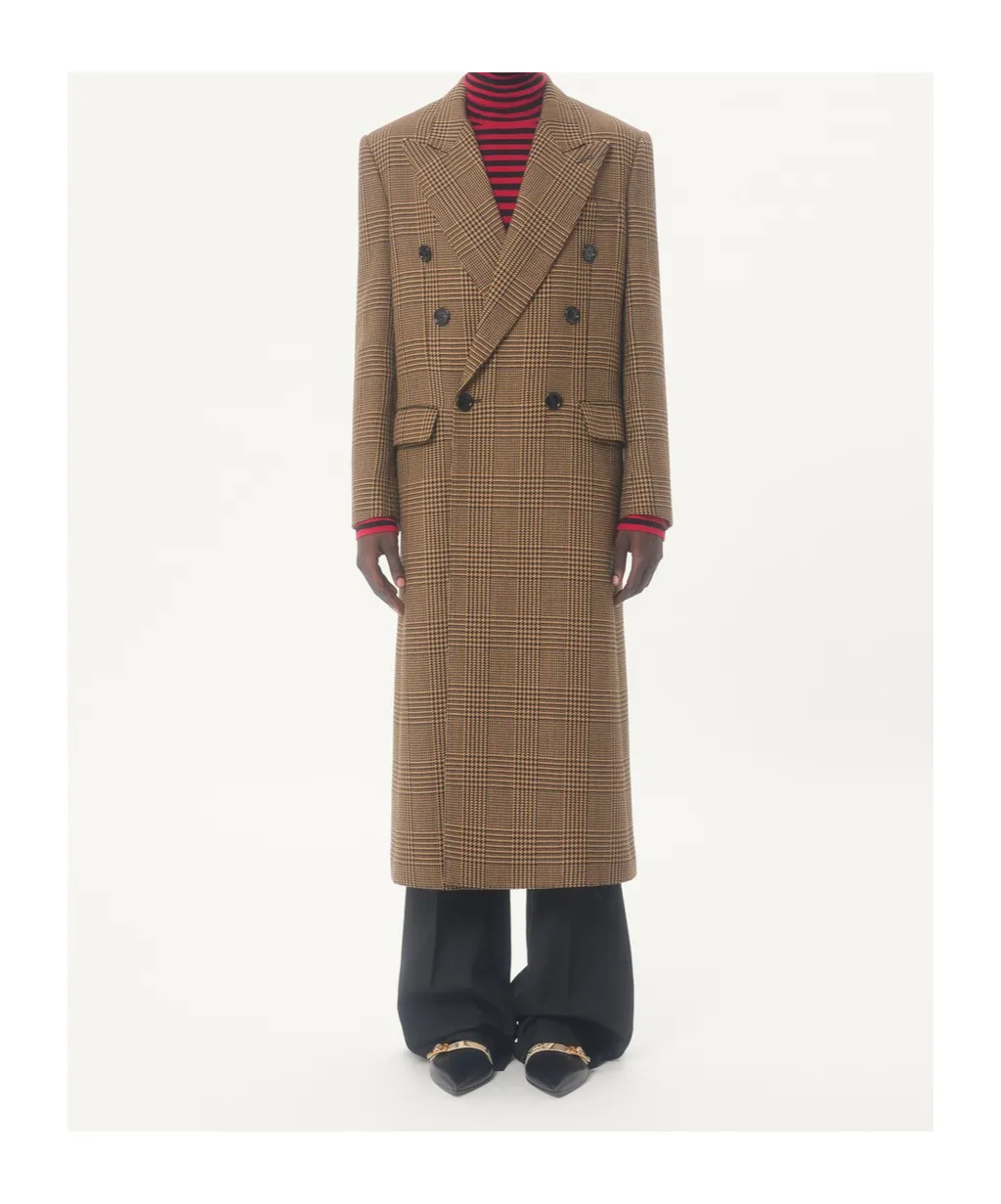 Check-Print Double-Breasted Coat