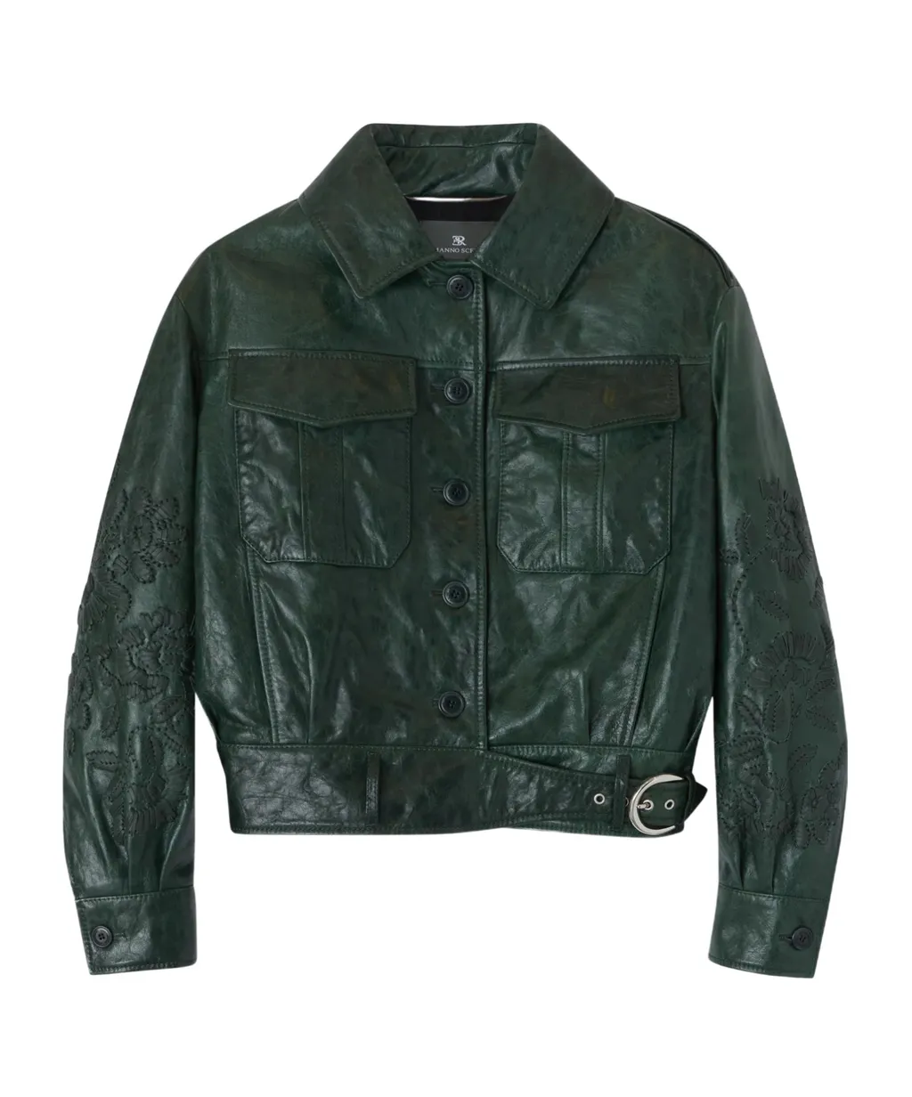 Single-Breasted Leather Jacket With Front Pockets And Handmade Floral Embroidery