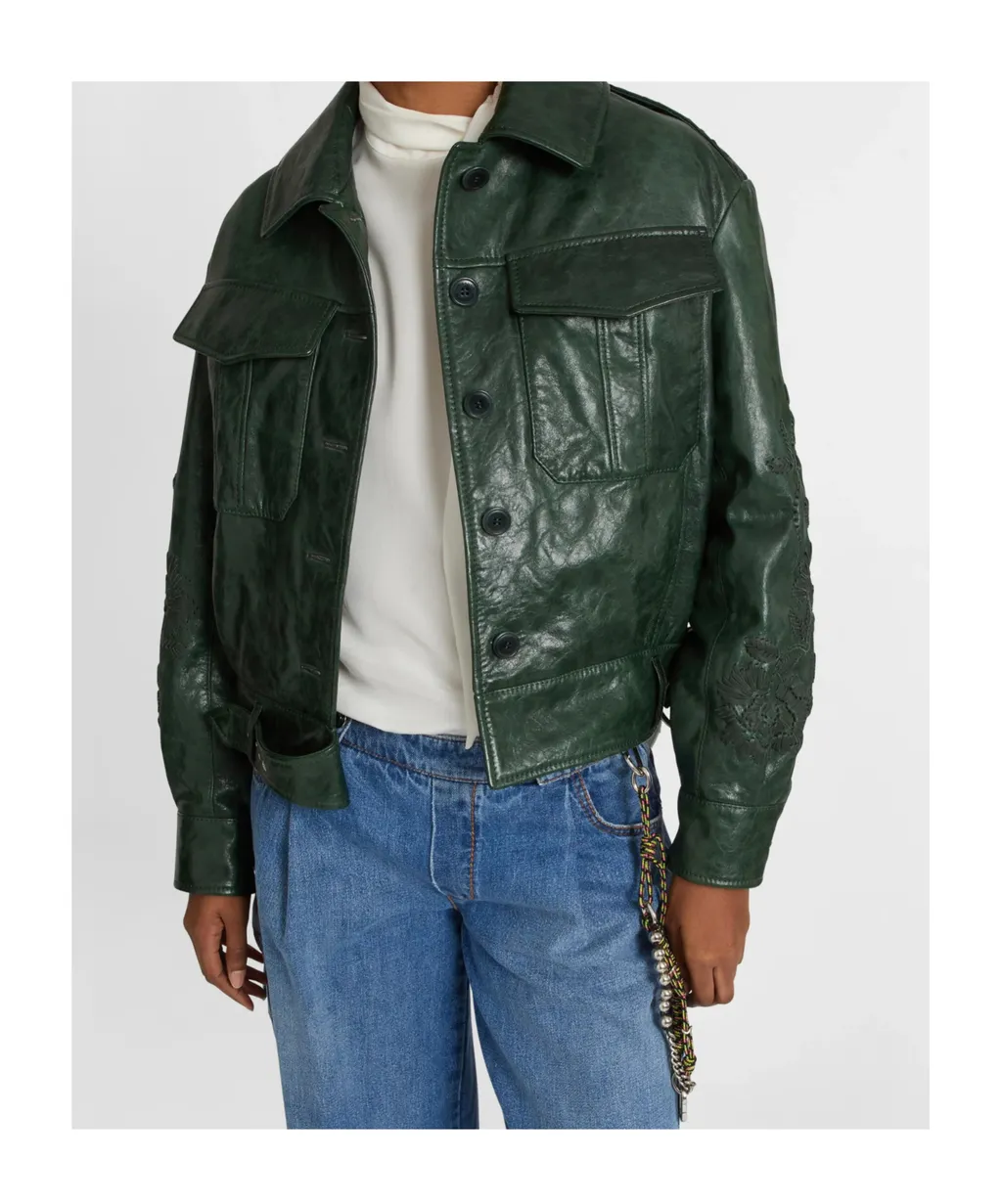 Single-Breasted Leather Jacket With Front Pockets And Handmade Floral Embroidery