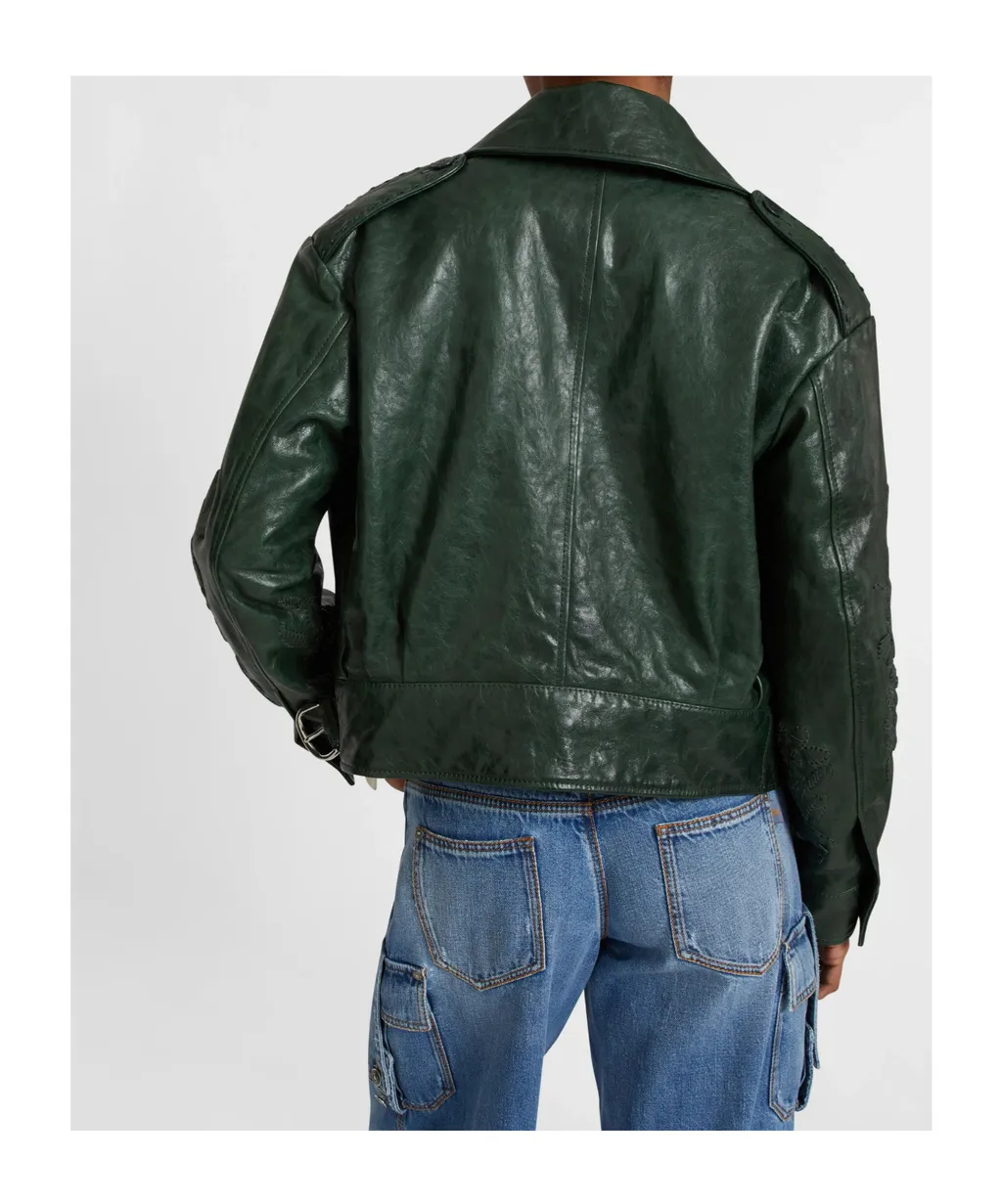 Single-Breasted Leather Jacket With Front Pockets And Handmade Floral Embroidery