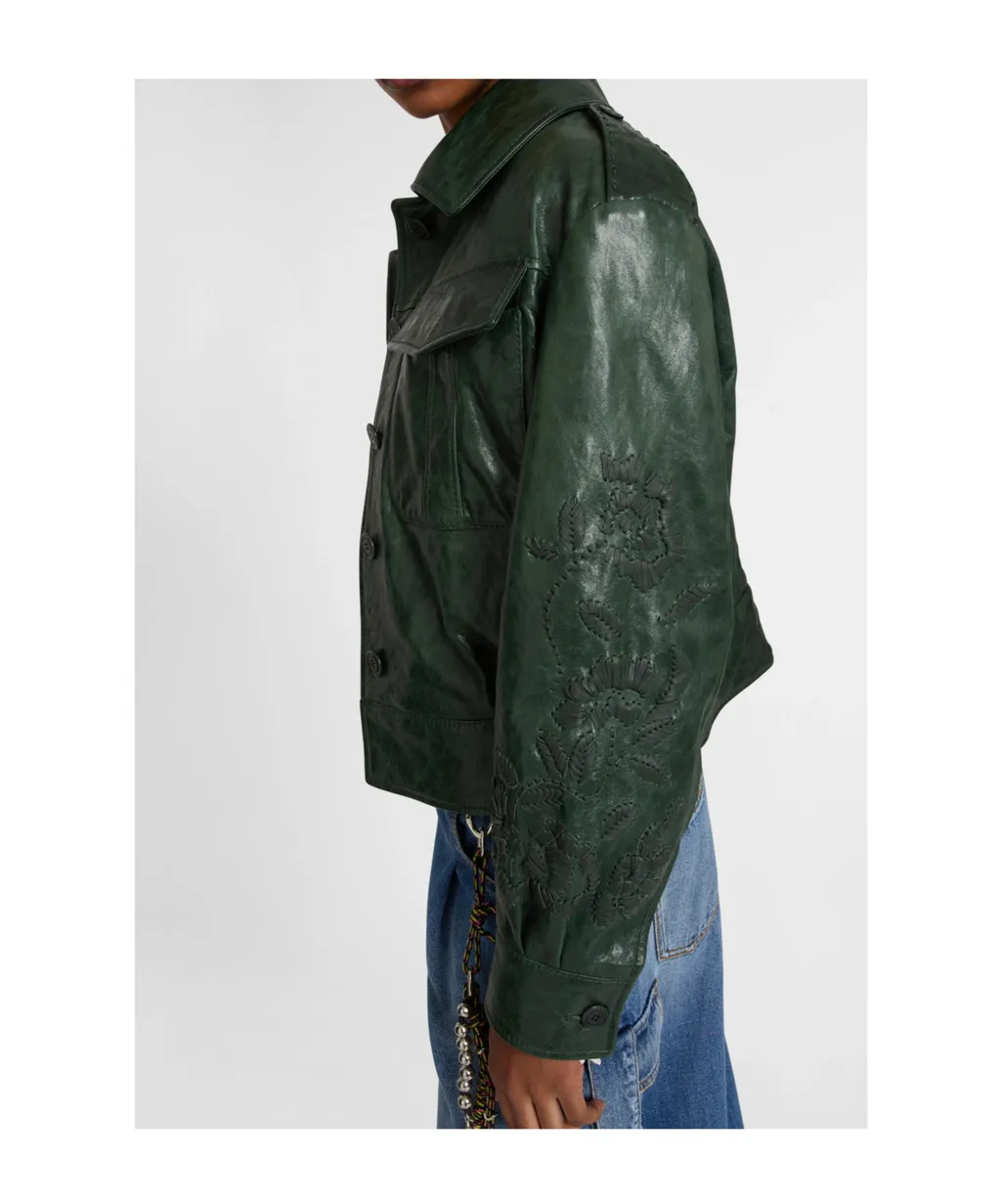 Single-Breasted Leather Jacket With Front Pockets And Handmade Floral Embroidery