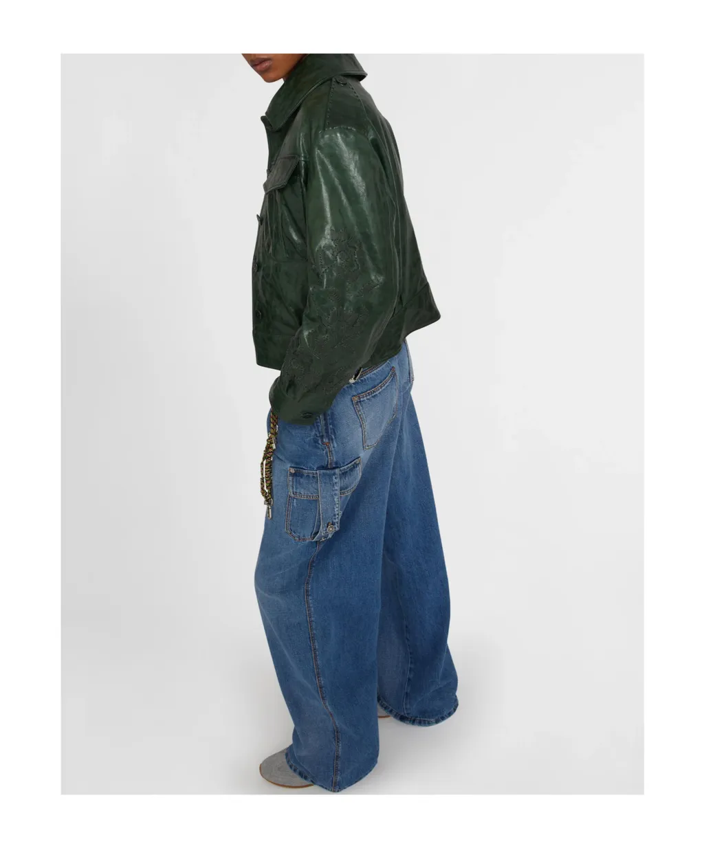 Single-Breasted Leather Jacket With Front Pockets And Handmade Floral Embroidery