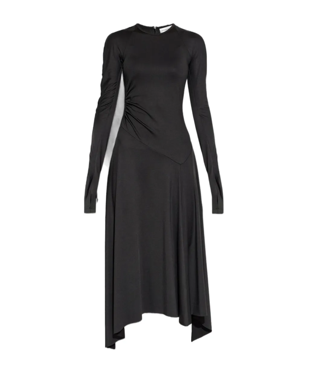 Asymmetric-Hem Long-Sleeved Midi Dress