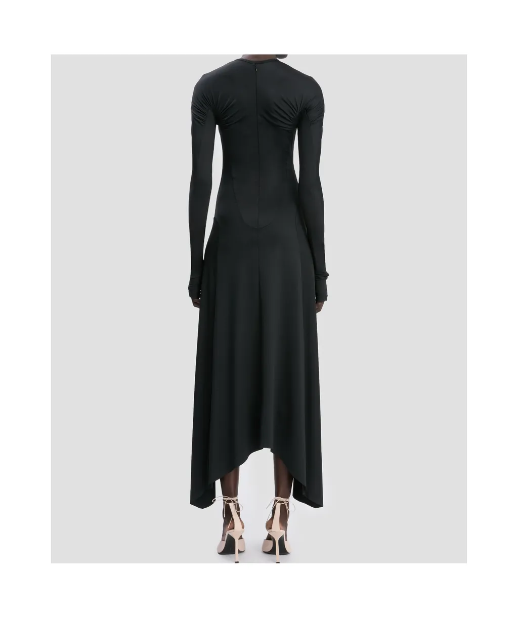 Asymmetric-Hem Long-Sleeved Midi Dress