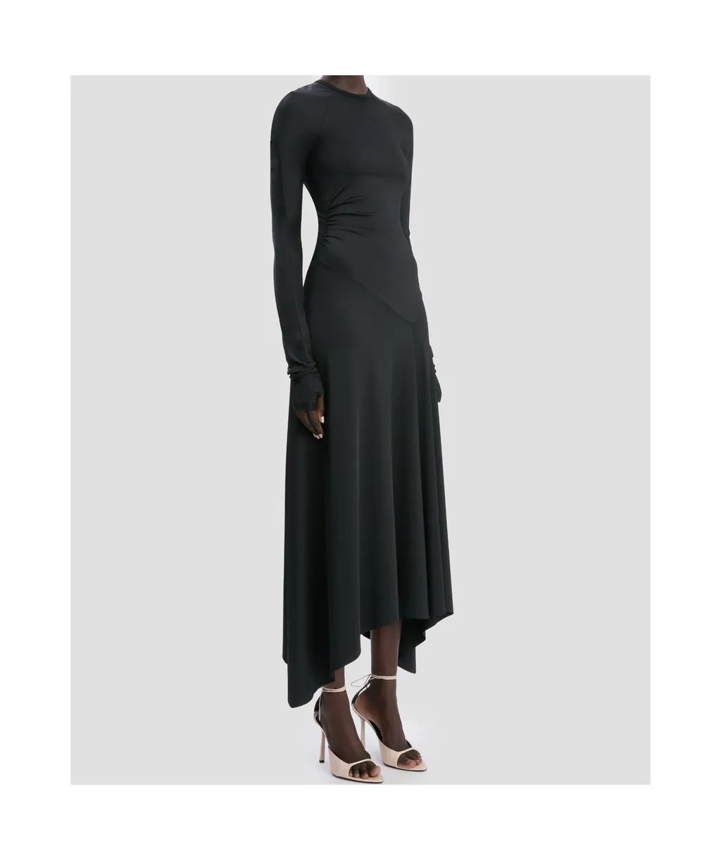 Asymmetric-Hem Long-Sleeved Midi Dress