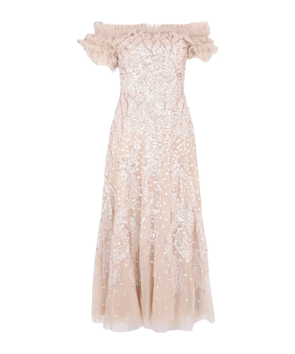 Sequined Satin Ribbon Off-Shoulder Dress