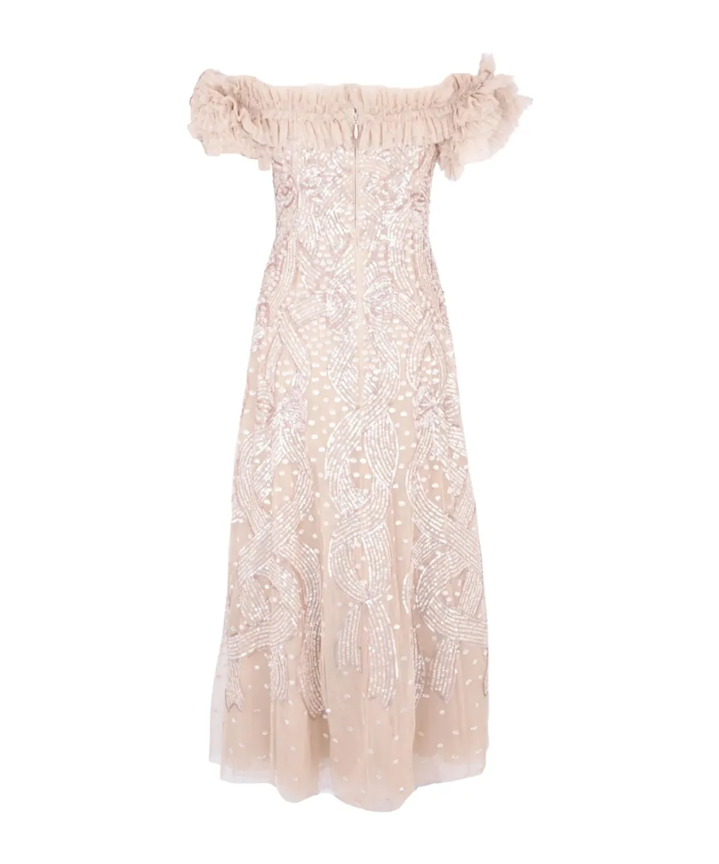 Sequined Satin Ribbon Off-Shoulder Dress