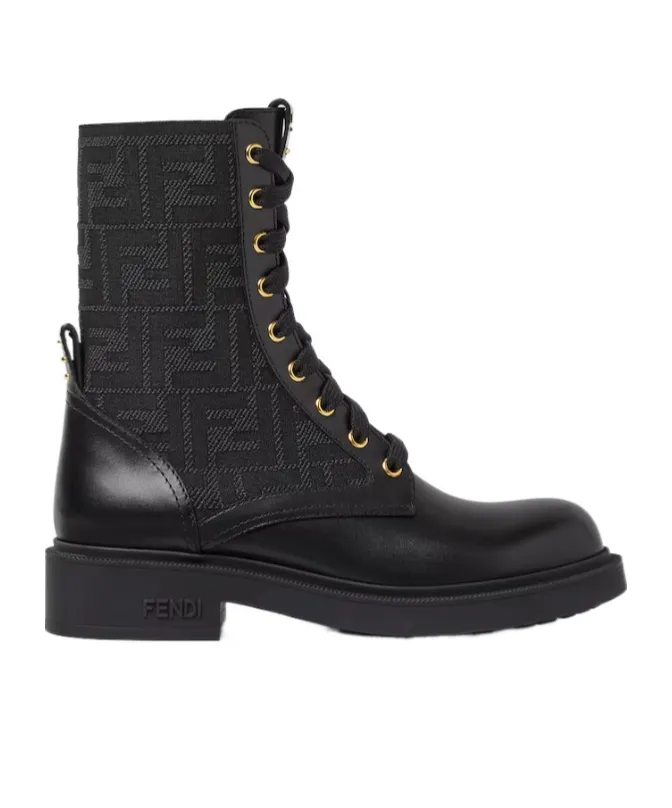Fendi Filo Ff Jacqaurd Lace-Up Biker Boots