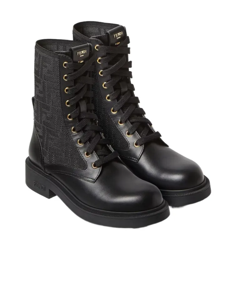 Fendi Filo Ff Jacqaurd Lace-Up Biker Boots