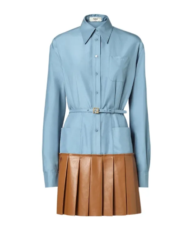 Light Blue Silk And Brown Nappa Leather Dress