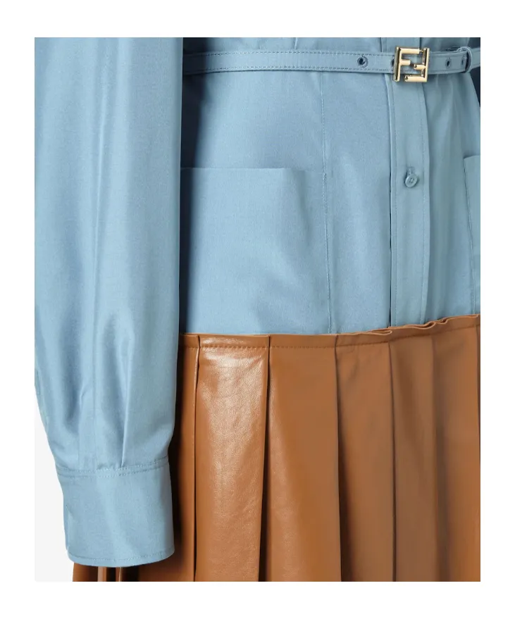 Light Blue Silk And Brown Nappa Leather Dress