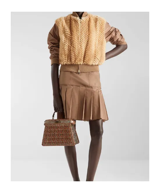 Brown Mink And Taffeta Bomber Jacket