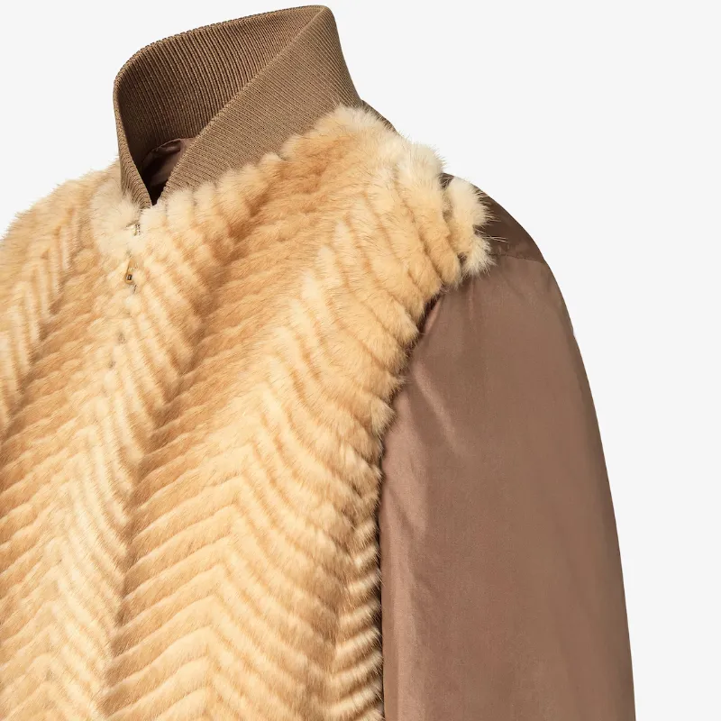 Brown Mink And Taffeta Bomber Jacket