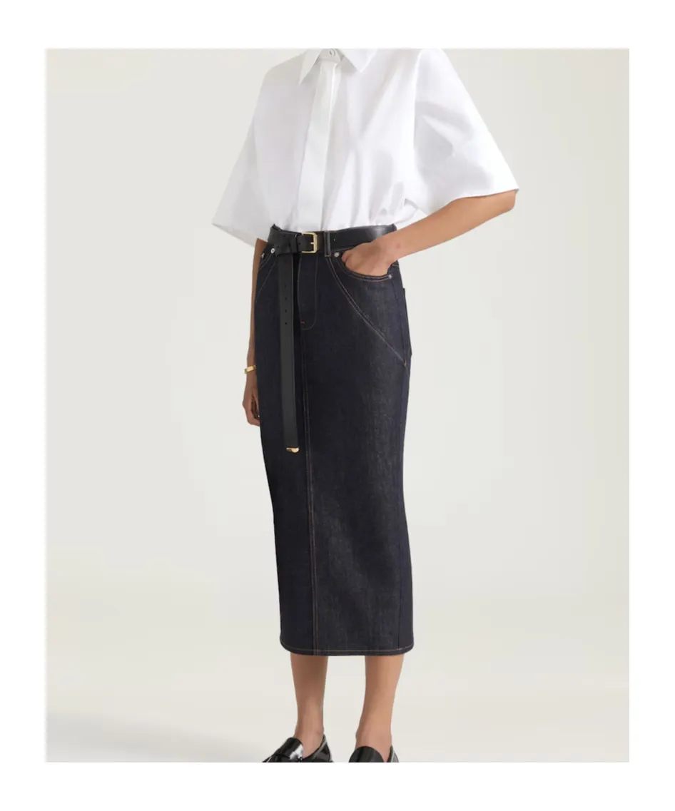 Midi Kickback Skirt In Raw Denim