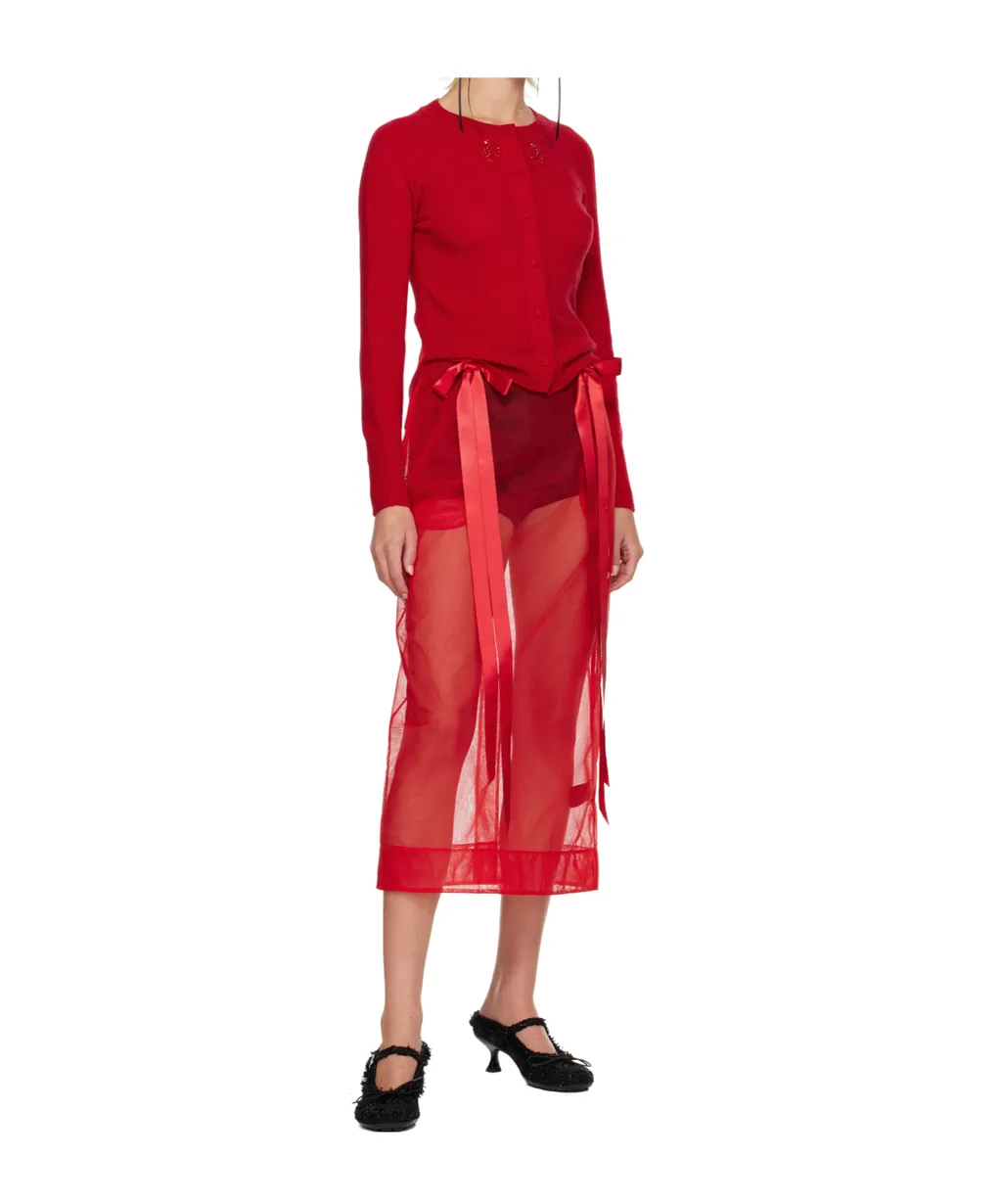 Sheer Bow Ribbon Pencil Midi Skirt