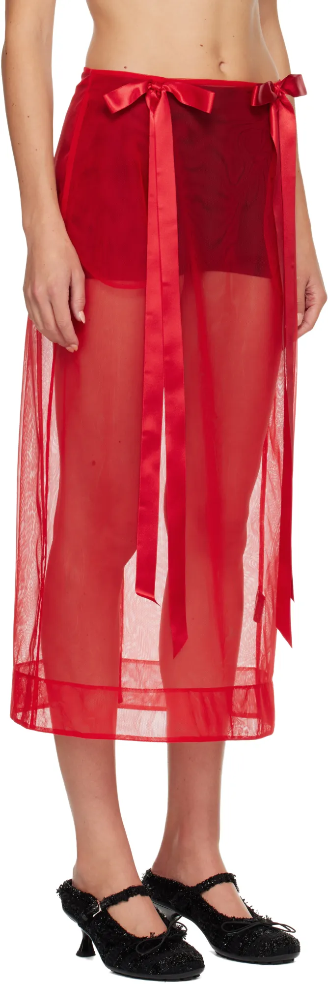 Sheer Bow Ribbon Pencil Midi Skirt