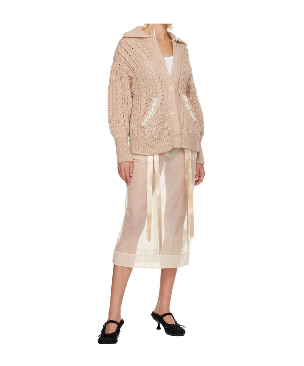 Sheer Bow Ribbon Pencil Midi Skirt