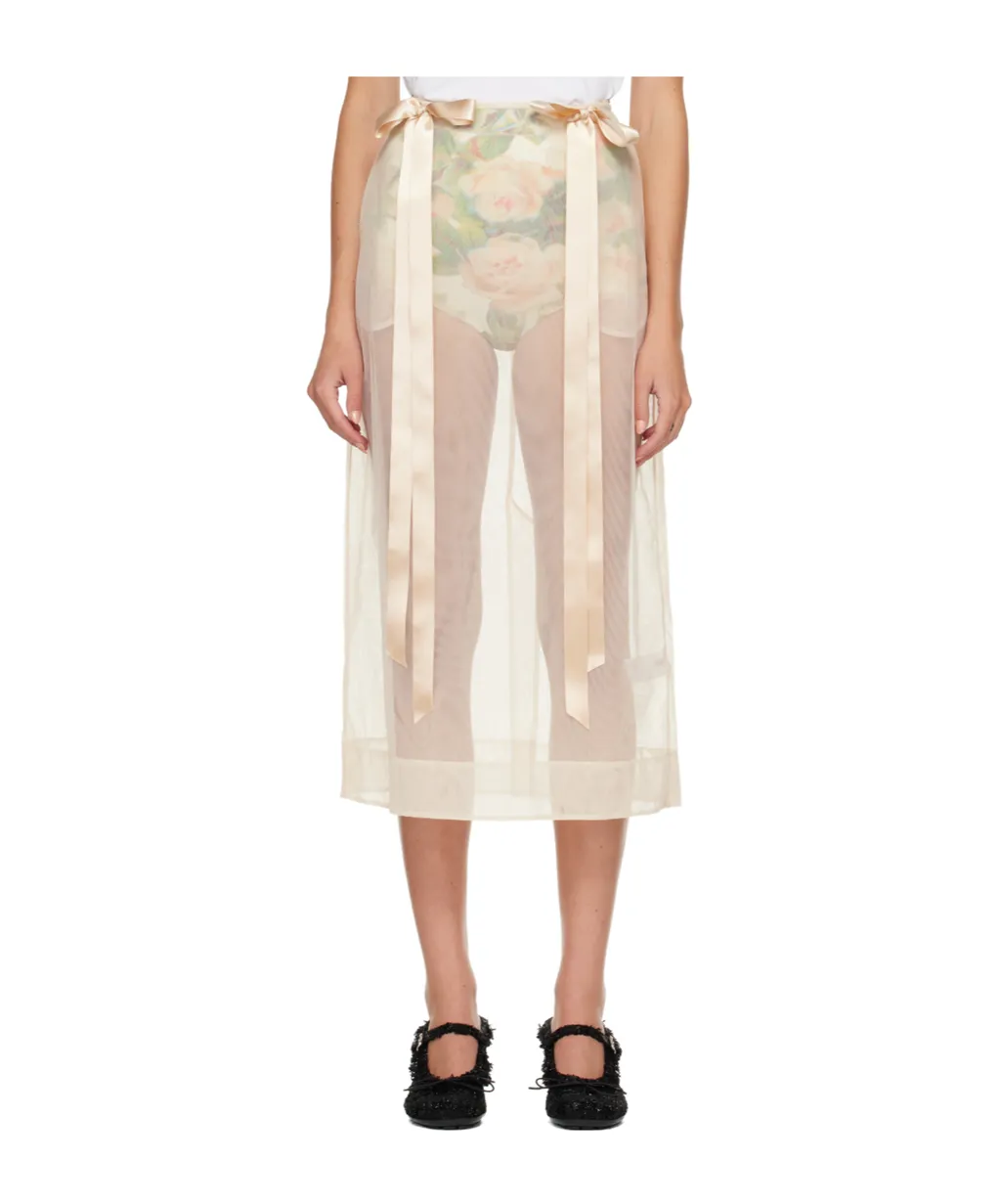 Sheer Bow Ribbon Pencil Midi Skirt