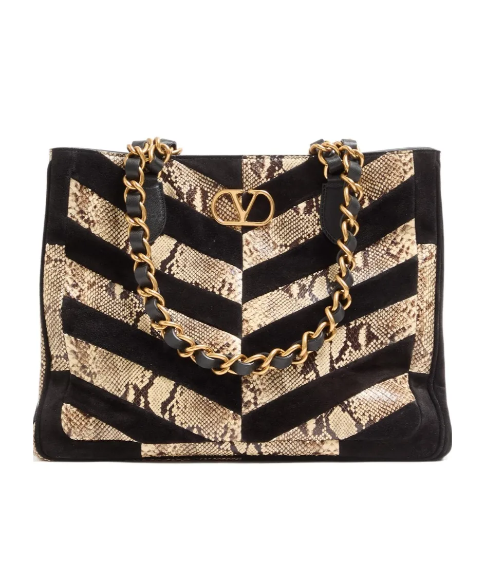 Valentino Garavani Laseine Shopping Bag In Python And Chevron-Patterned Suede