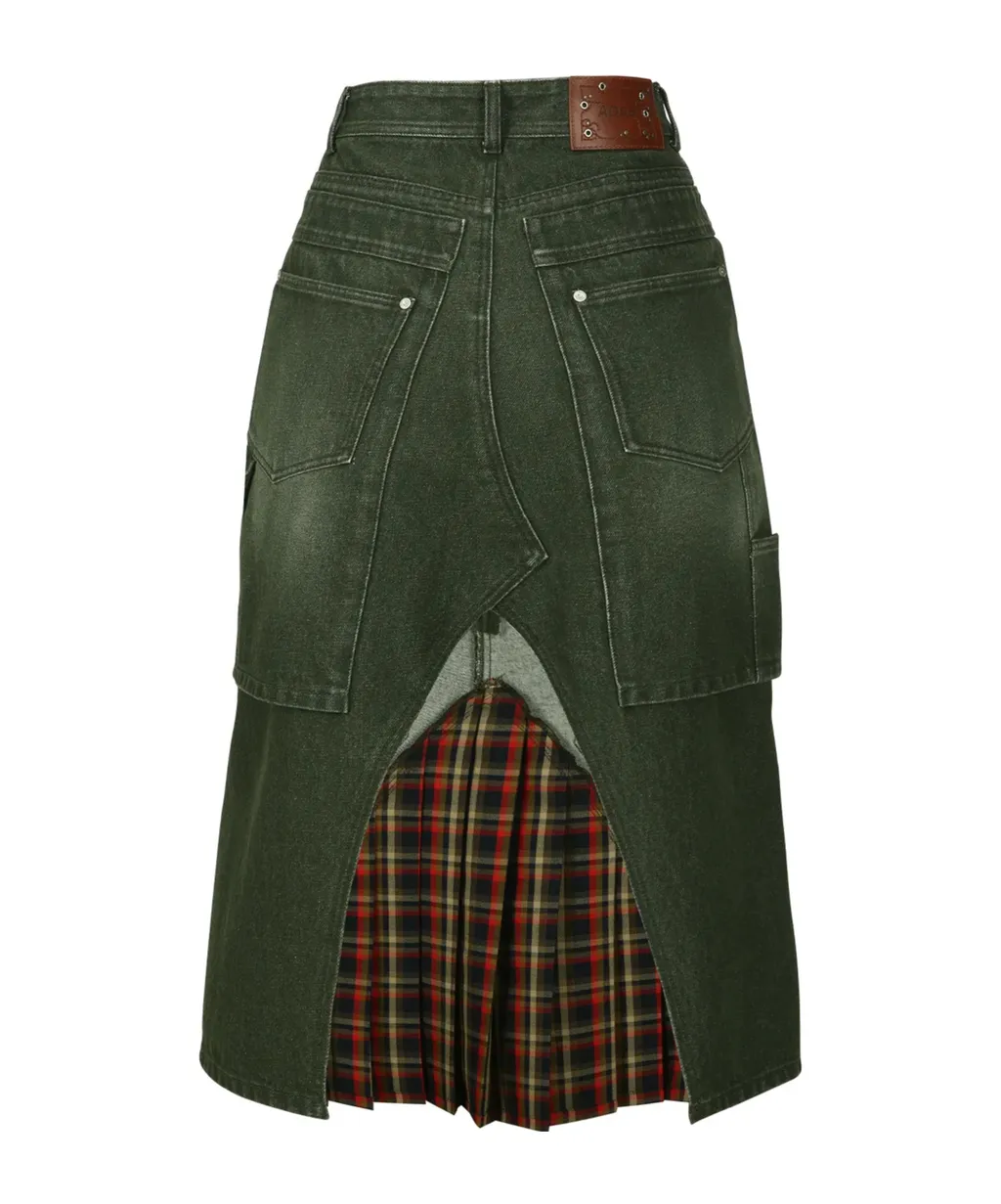 Layered Pleated Midi Denim Skirt