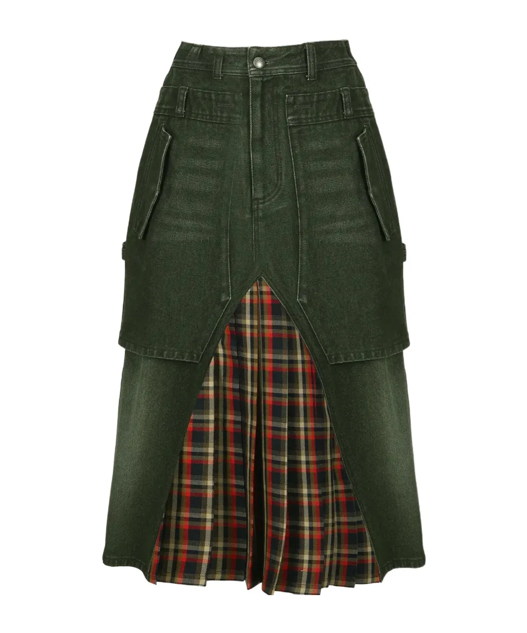 Layered Pleated Midi Denim Skirt