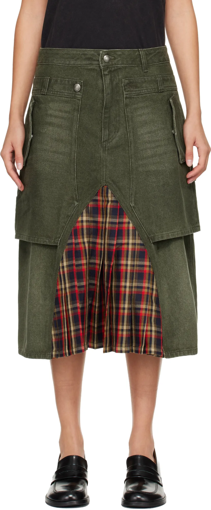 Layered Pleated Midi Denim Skirt
