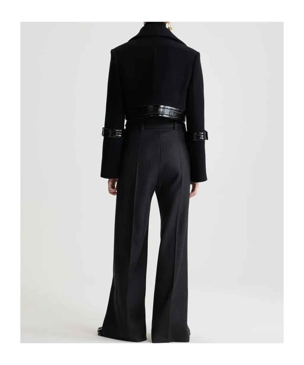 Patent-Trimmed Wool Jacket