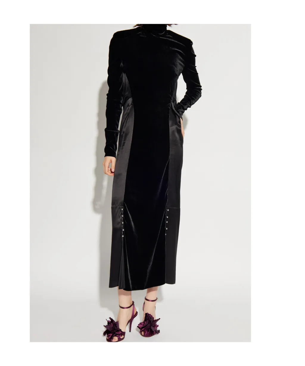 Lanvin Velvet-Panel Open-Back Turtleneck Dress