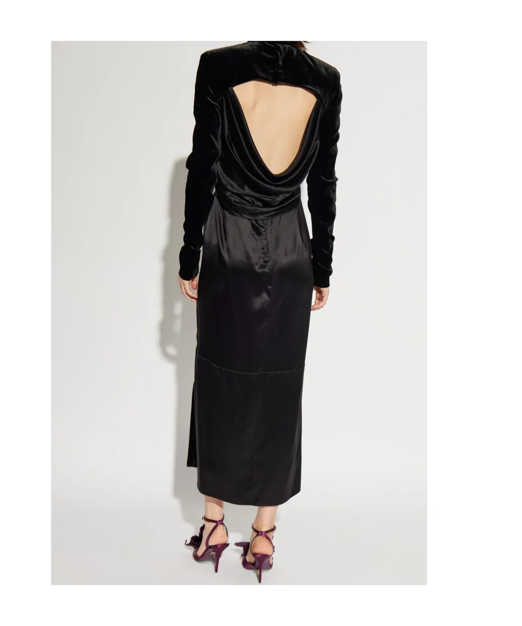 Lanvin Velvet-Panel Open-Back Turtleneck Dress