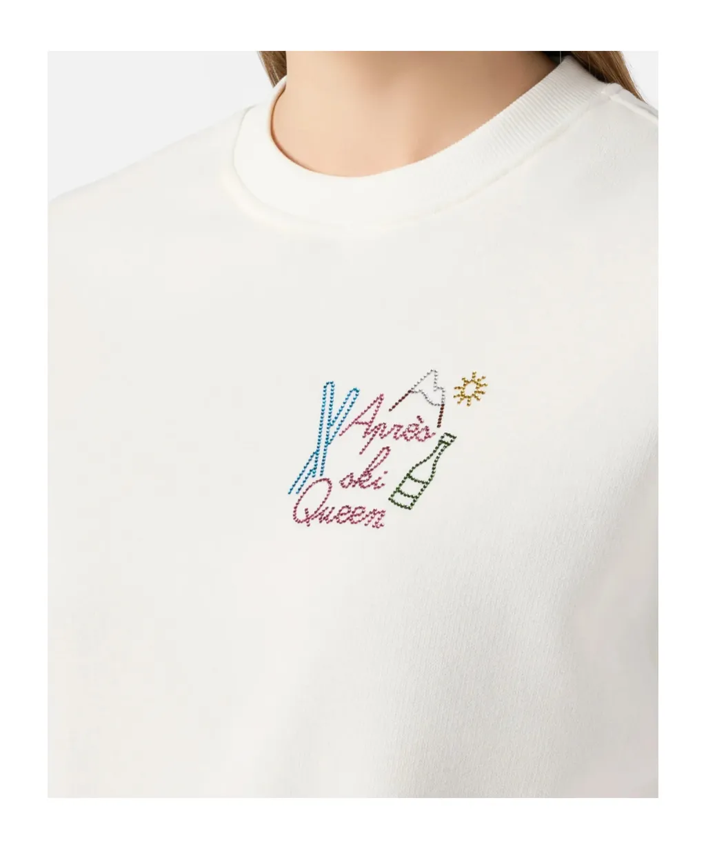 Stardust Cotton Sweatshirt In White With Rhinestone Appliqué AprÈS Ski Queen