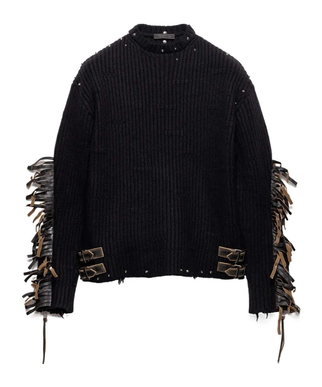 Wool Crew-Neck Sweater With Fringe And Studs
