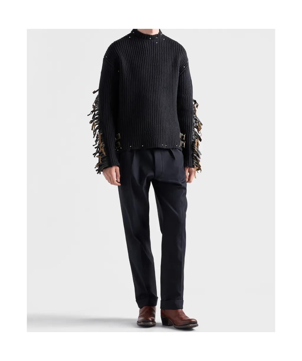 Wool Crew-Neck Sweater With Fringe And Studs