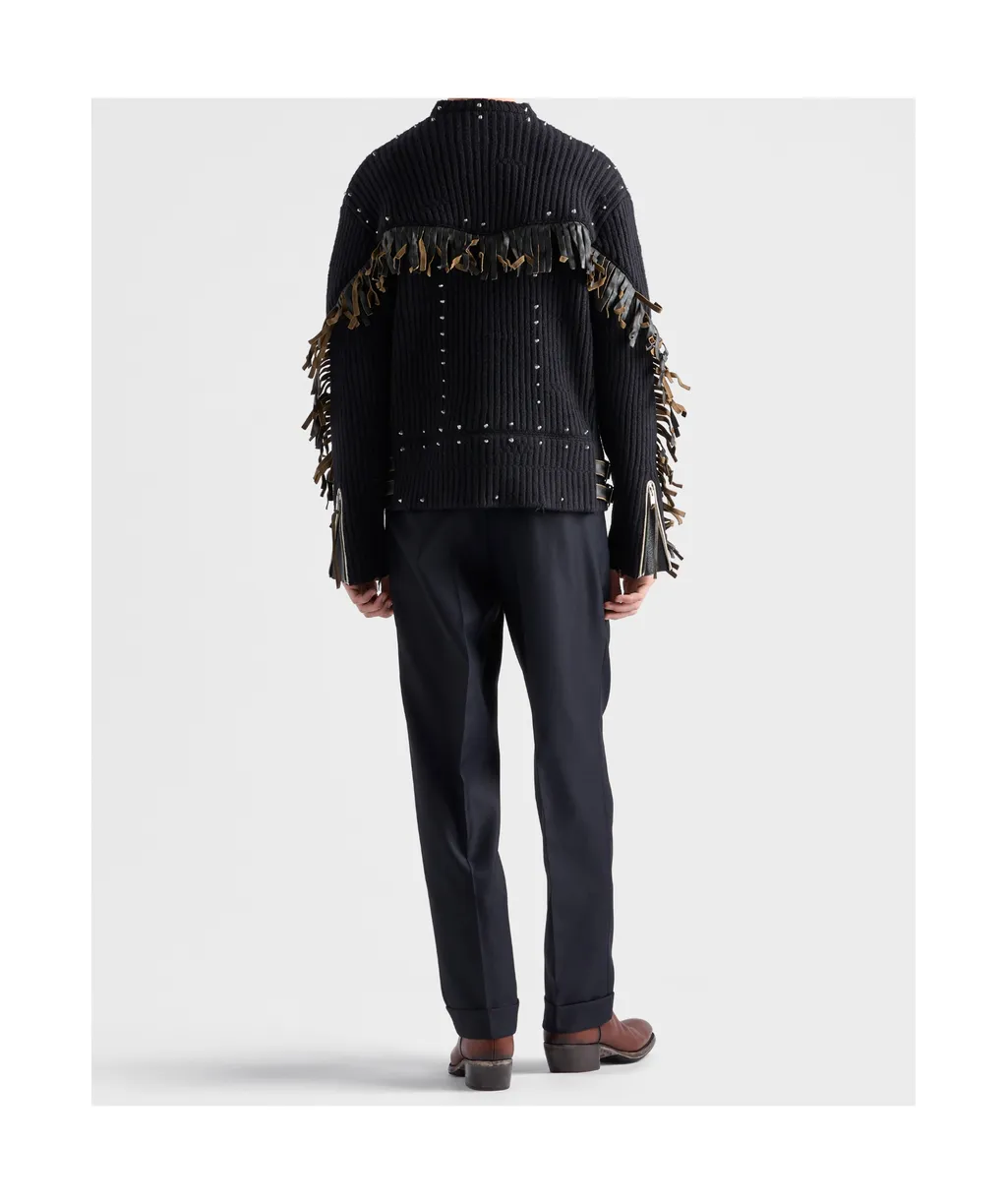 Wool Crew-Neck Sweater With Fringe And Studs