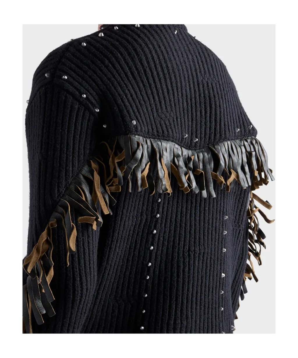 Wool Crew-Neck Sweater With Fringe And Studs