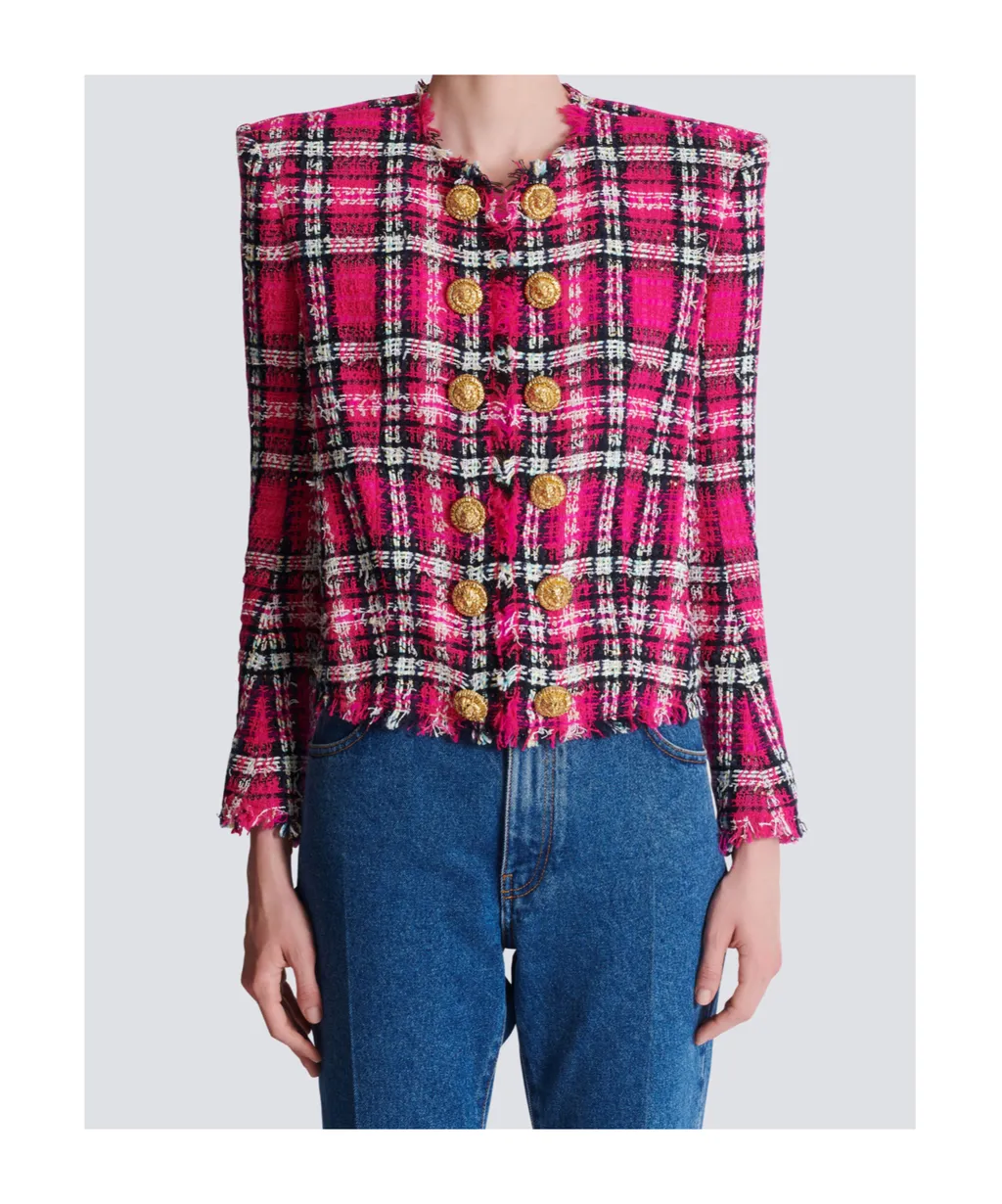 Balmain Glitter Plaid Tweed Cropped Jacket