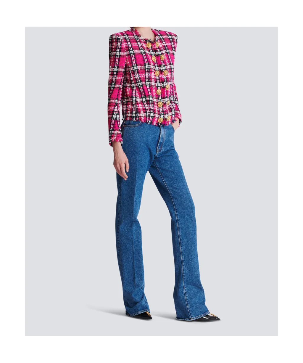 Balmain Glitter Plaid Tweed Cropped Jacket
