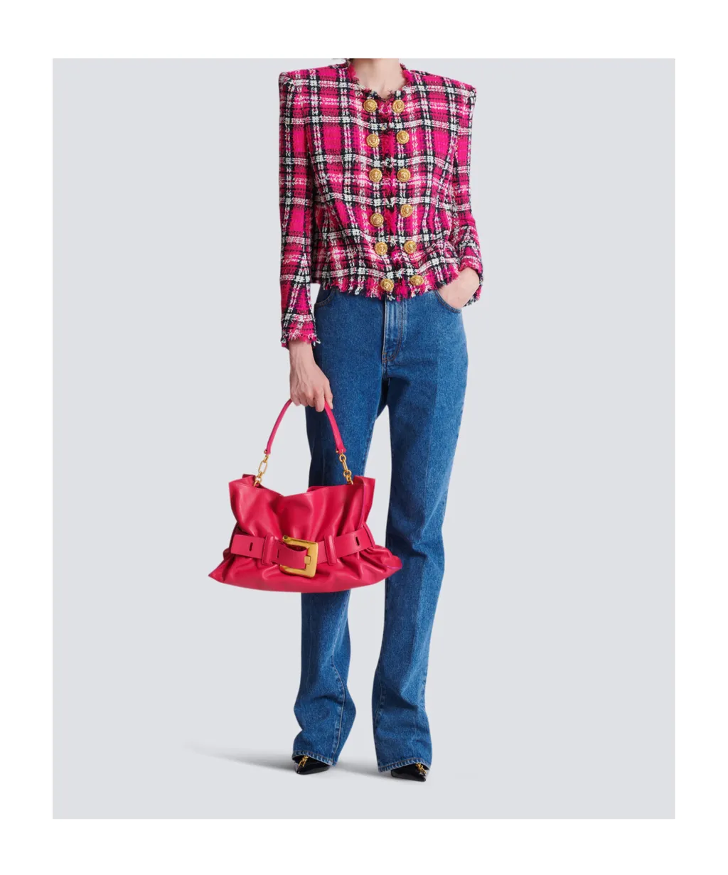 Balmain Glitter Plaid Tweed Cropped Jacket