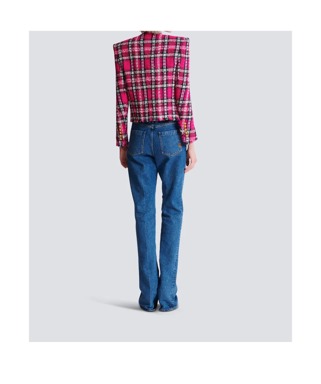 Balmain Glitter Plaid Tweed Cropped Jacket