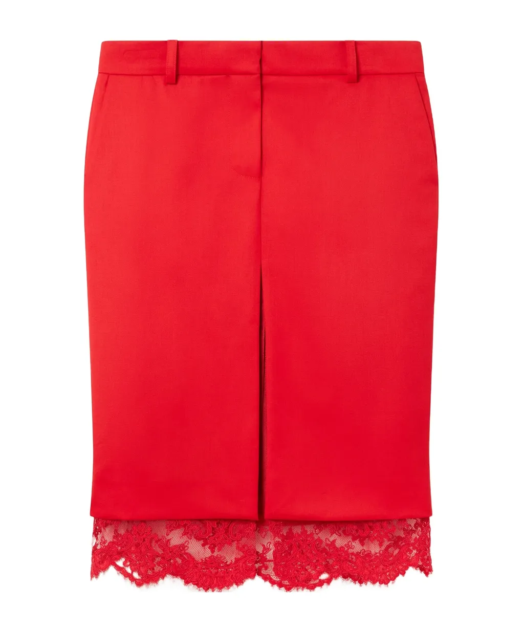Lace-Trimmed Satin Midi Skirt