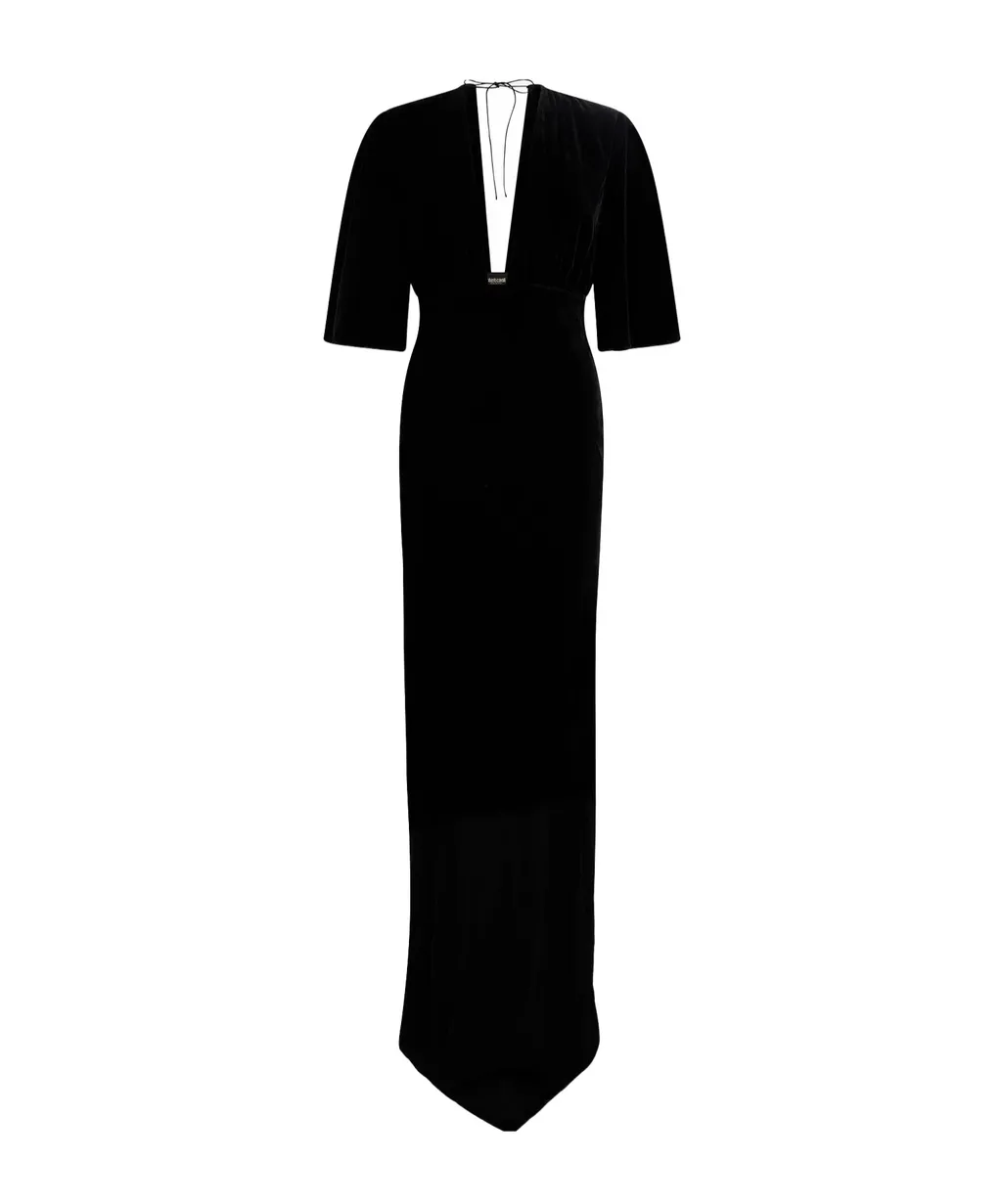 Roberto Cavalli Short Sleeve Draped V-Neck Gown