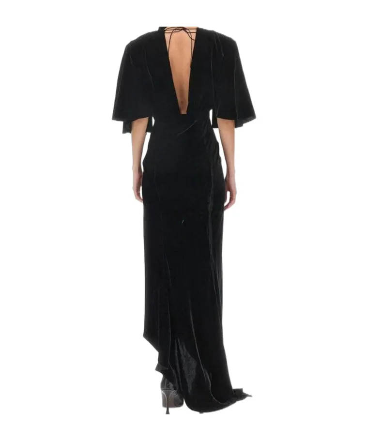 Roberto Cavalli Short Sleeve Draped V-Neck Gown