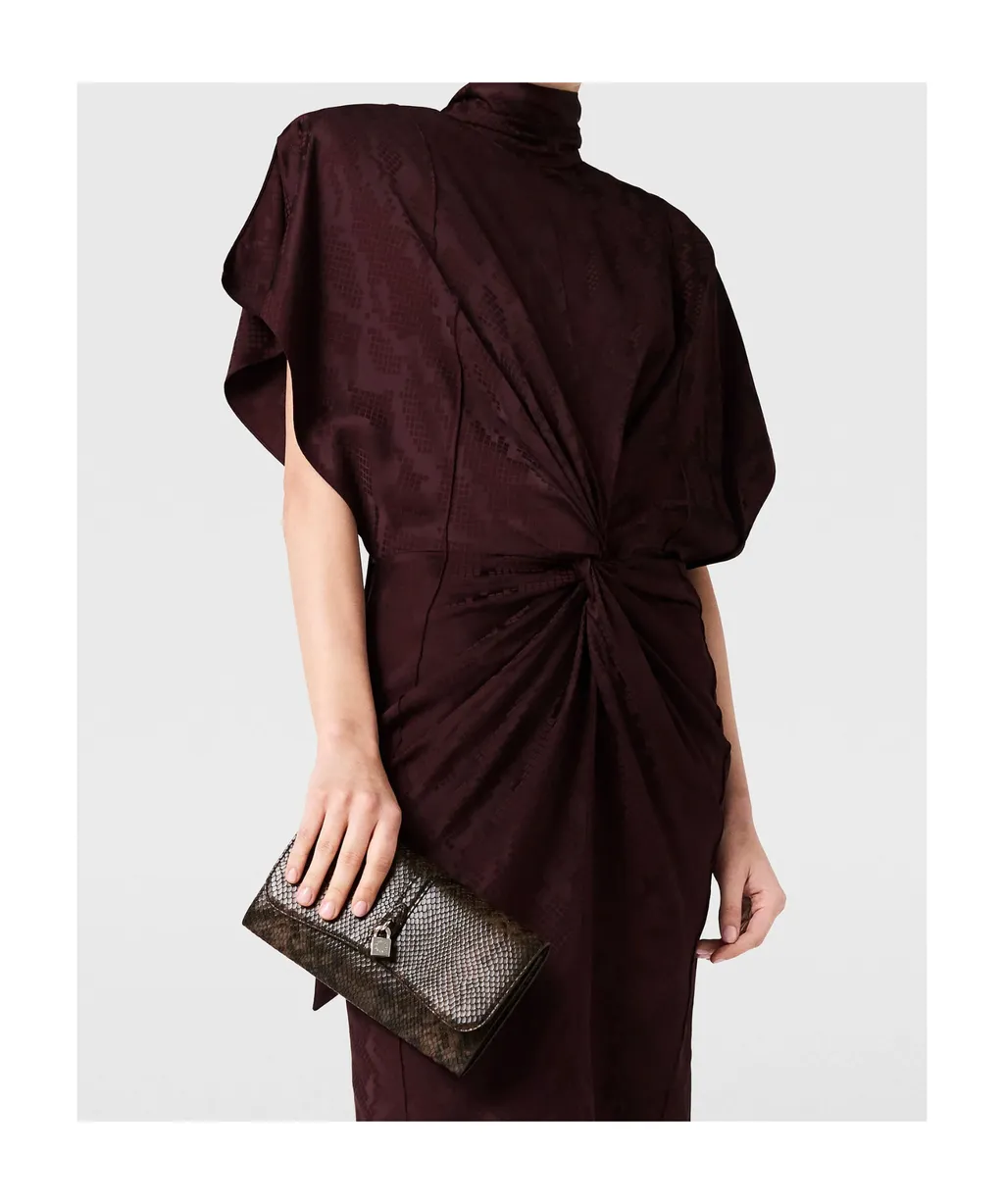 Snake Print Shoulder Pad Twist Midi Dress