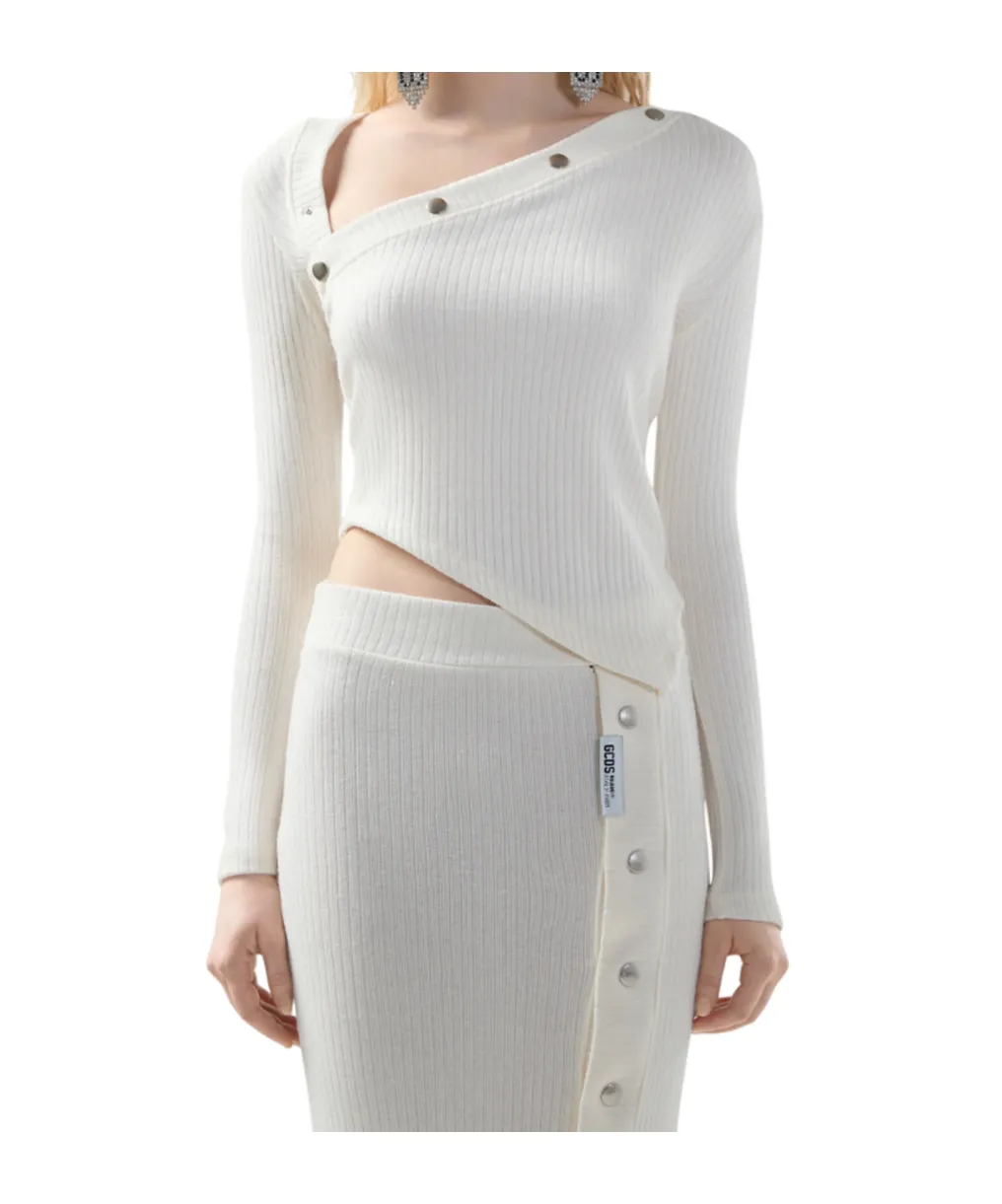 Ribbed-Button Long-Sleeved Top