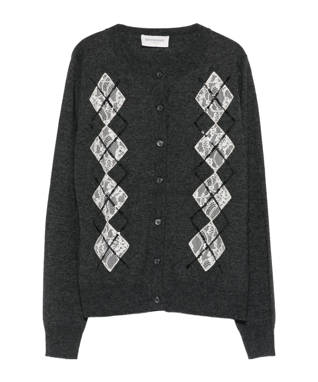 Lace-Panels Argyle-Pattern Cardigan